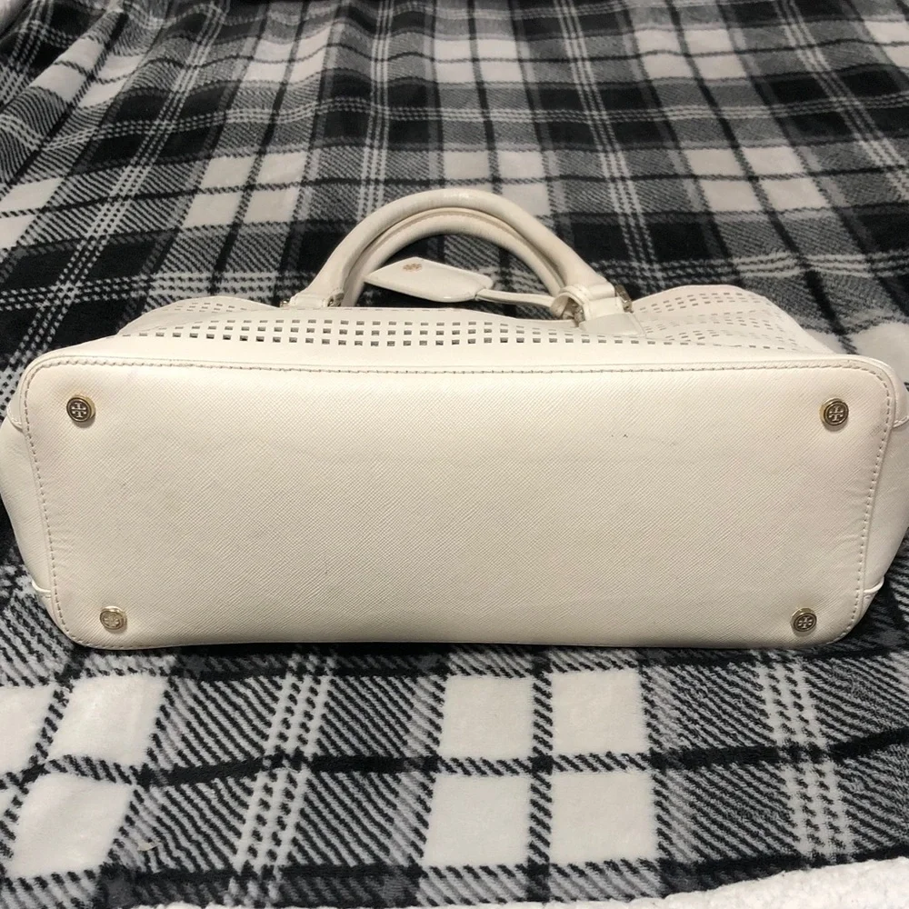 Tory Burch White Perforated Leather Tote with Gold Logo
